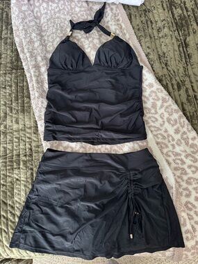 Black Tankini Halter Top & Swim Skirt Set